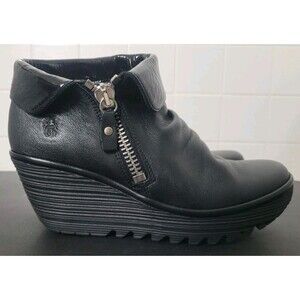 Fly London Yoxi Black Leather Wedge Ankle Boots Side Zip Comfort Wms EU 41 US 10